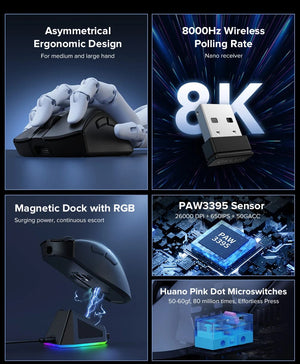 Planet Gates Delux M900PRO Wireless Gaming Mouse Ergonomic 8K Polling Rate PAW3395 63g Magnetic RGB Charging Dock for Right Big Hand PC Gamer