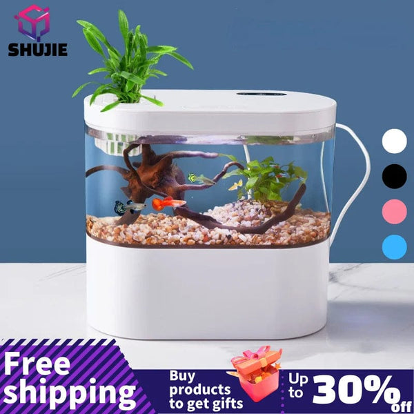 Planet Gates Desktop Creative Mini Aquarium Fish Tank with Biochemical Filtration System and LED Light Betta Fish Ecological Water Cycle