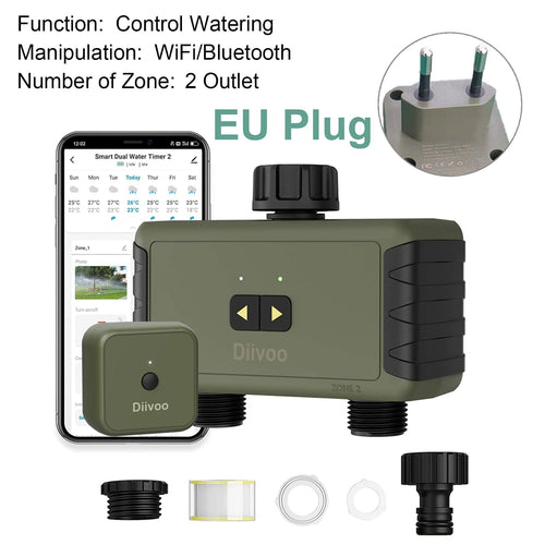 Planet Gates DI-WT05W-DEGN-Q Diivoo 1/2/3 Zone Garden Watering Timer Wifi Automatic Drip Irrigation Controller Water Valve Garden Automatic Watering System