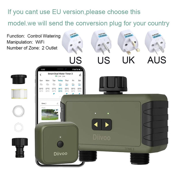 Planet Gates Diivoo 1/2/3 Zone Garden Watering Timer Wifi Automatic Drip Irrigation Controller Water Valve Garden Automatic Watering System