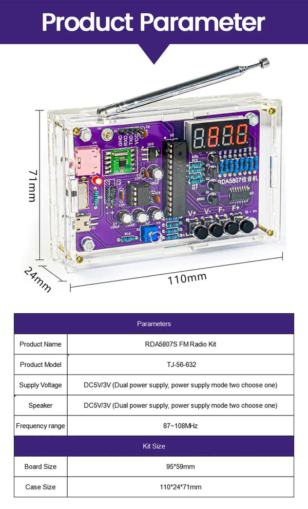 Planet Gates DIY FM Radio Electronic Kit Adjustable Frequency 87-108MHz Digital Display DIY Soldering Project Practice Solder RDA5807S