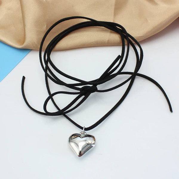 Planet Gates Diy Jewelry Goth Black Velvet 25mm Heart Pendant Choker Necklace for Women Weave Knotted Bowknot Adjustable Chain Jewelry