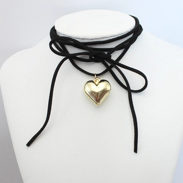 Planet Gates Diy Jewelry Goth Black Velvet 25mm Heart Pendant Choker Necklace for Women Weave Knotted Bowknot Adjustable Chain Jewelry