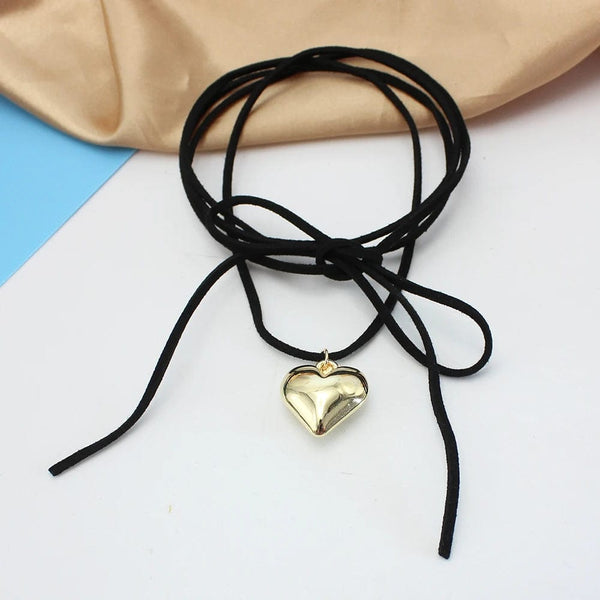 Planet Gates Diy Jewelry Goth Black Velvet 25mm Heart Pendant Choker Necklace for Women Weave Knotted Bowknot Adjustable Chain Jewelry