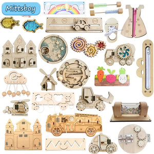 Planet Gates DIY Montessori Busy Board Wooden Accessories Hand Pulled Wheel Gear Drum Car Board Castle Early Educational Toy For Childre Gift