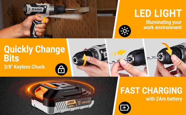 Planet Gates DKMT186-GS / United States DEKO Cordless Drill Tool Kit Set: 20V Power Drill Tool Box with Battery Electric Drill Driver