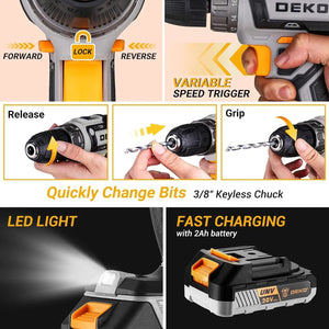 Planet Gates DKMT186-GS / United States DEKO Cordless Drill Tool Kit Set: 20V Power Drill Tool Box with Battery Electric Drill Driver