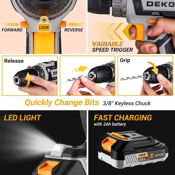 Planet Gates DKMT186-GS / United States DEKO Cordless Drill Tool Kit Set: 20V Power Drill Tool Box with Battery Electric Drill Driver