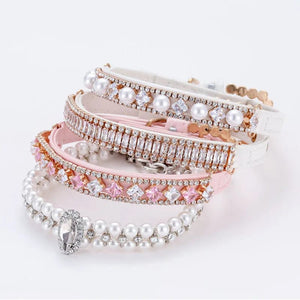 Planet Gates Dog Cat Pearl Collars with Crystal Rhinestone Pearl Cat Necklace Adjustable PU Leather Neck Strap for Small Dogs Cat Accessories