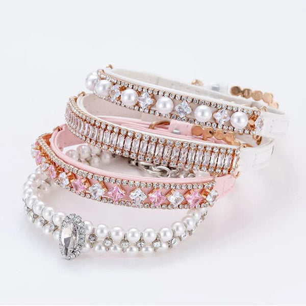 Planet Gates Dog Cat Pearl Collars with Crystal Rhinestone Pearl Cat Necklace Adjustable PU Leather Neck Strap for Small Dogs Cat Accessories