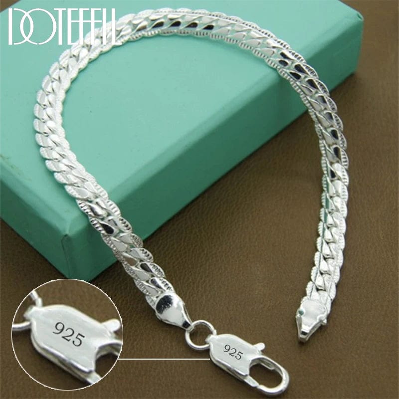 Planet Gates DOTEFFIL 925 Sterling Silver 24K Gold 6mm 18/19/20cm Flat Side Chain Bracelet For Woman Man Wedding Engagement Jewelry