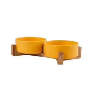 Planet Gates double bowl D / 11cm Ceramic Pet Bowl Dish With Wood Stand No Spill Pet Ceramic Double Bowl For Dog Cat Food Water Feeder Cats Small Dogs Pet bowl