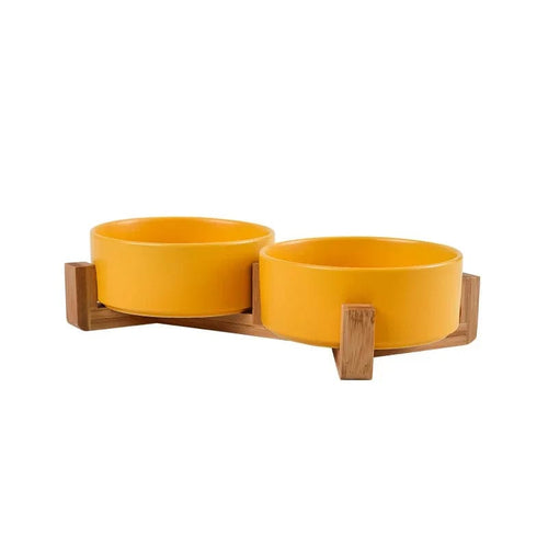 Planet Gates double bowl D / 11cm Ceramic Pet Bowl Dish With Wood Stand No Spill Pet Ceramic Double Bowl For Dog Cat Food Water Feeder Cats Small Dogs Pet bowl