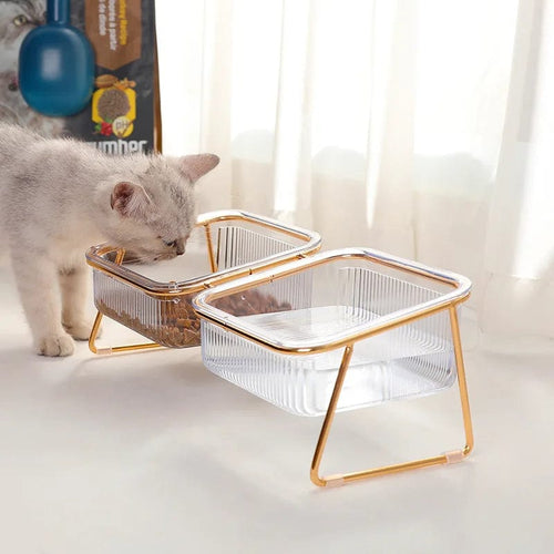 Planet Gates Double bowl Pet Double Bowl Transparent High Foot Cat Bowl Drink water Cat Food With Golden Stand Raised Water Feeder Dog Bowl Supplies