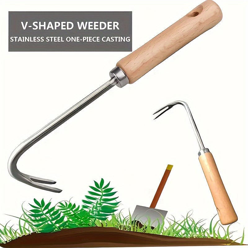 Planet Gates Double Hook Wooden Stick Handle 1pc Weeding Machine With V-shaped Weeding Tool, For Garden Weeding Tool, With Solid Wood Handle (Double Hook)