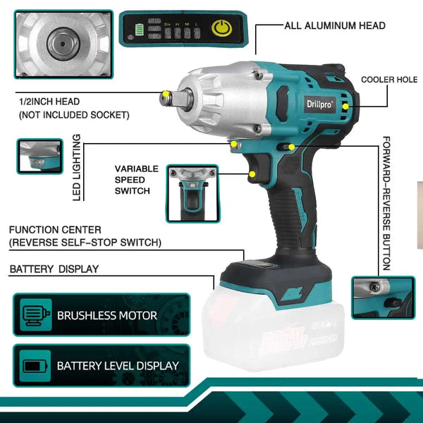 Planet Gates Drillpro New 2000N.M Brushless Cordless Electric Impact Wrench Rechargeable 1/2" Wrench Drill Power Tools for Makita 18V Battery