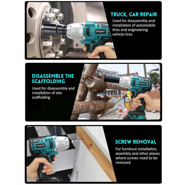 Planet Gates Drillpro New 2000N.M Brushless Cordless Electric Impact Wrench Rechargeable 1/2" Wrench Drill Power Tools for Makita 18V Battery