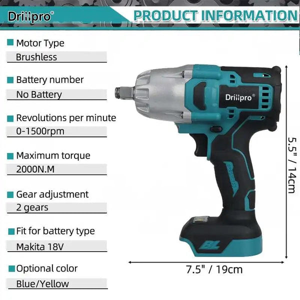 Planet Gates Drillpro New 2000N.M Brushless Cordless Electric Impact Wrench Rechargeable 1/2" Wrench Drill Power Tools for Makita 18V Battery