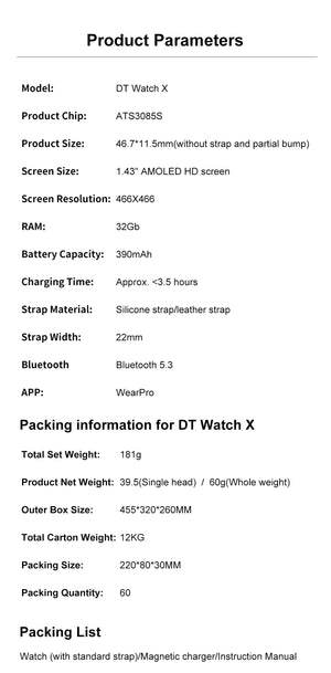 Planet Gates DT NO.1 DT Watch X smart watch 1.43" AMOLED Screen BT Call Photo Album Music Video playback record Compass DT watchx smartwatch