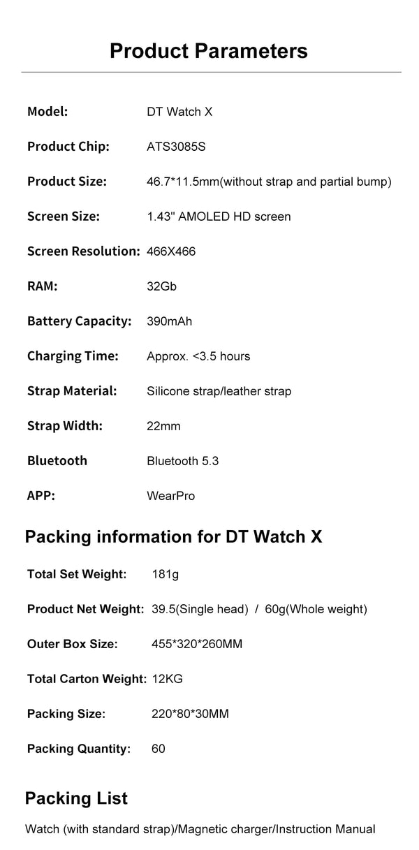 Planet Gates DT NO.1 DT Watch X smart watch 1.43" AMOLED Screen BT Call Photo Album Music Video playback record Compass DT watchx smartwatch