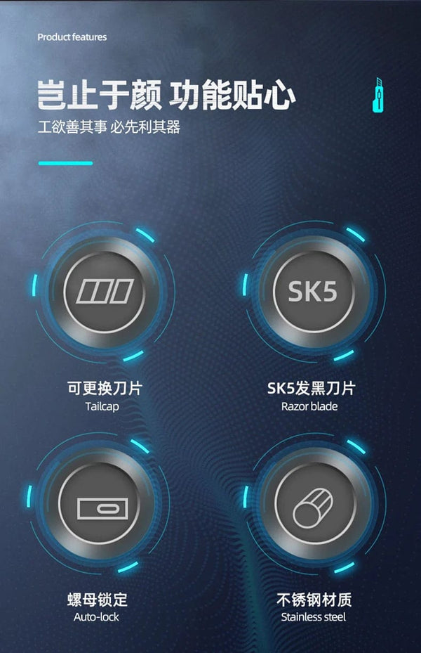 Planet Gates Durable Industrial Utility Knife,Replaceable High Carbon Steel Blade,Stainless Steel Paper Cutter,Office Art Student Supplies