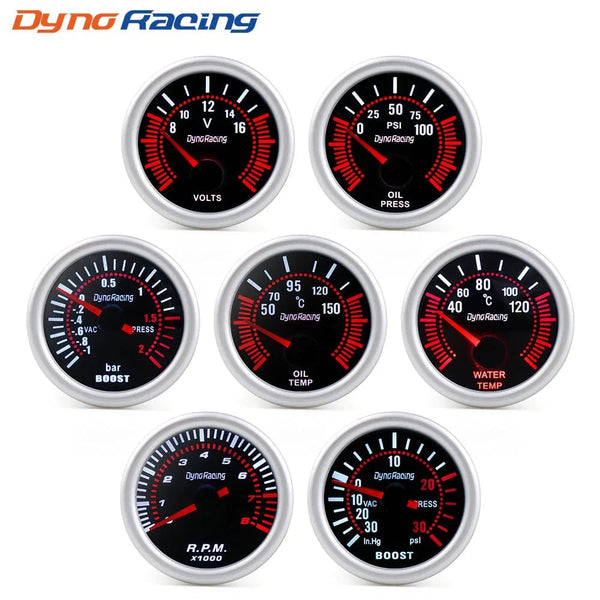 Planet Gates Dynoracing 2" 52mm Smoke lens Boost gauge bar psi Vacuum Water temp Oil temp Oil press Voltmeter Fuel level Tachometer rpm gauge