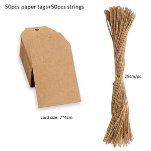 Planet Gates E-7x4cm-kraft 50pcs Kraft Paper Tags White Cardboard Cards with Strings Wedding Birthday Christmas Party Gift Tag Cookie Packaging Supplies