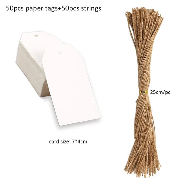 Planet Gates E-7x4cm-white 50pcs Kraft Paper Tags White Cardboard Cards with Strings Wedding Birthday Christmas Party Gift Tag Cookie Packaging Supplies