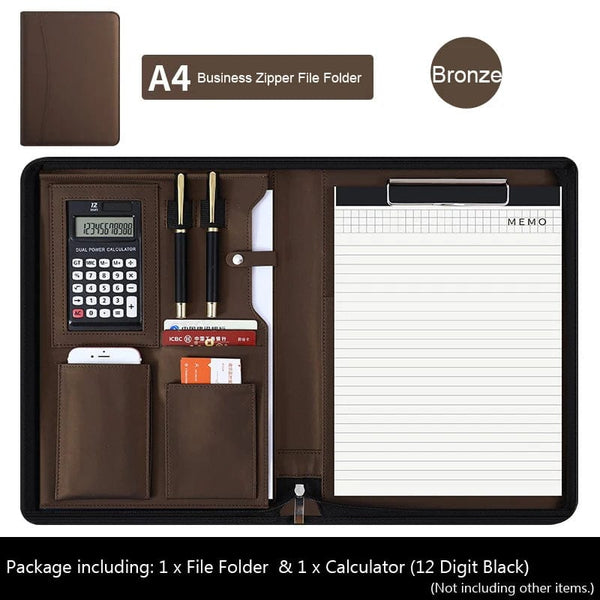 Planet Gates E Folder Calculator University A4 Leather Portfolio Folder for Document Holder Desk Organizer Man Executive Briefcase Zippered Calculator for Office