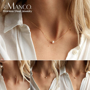 Planet Gates e-Manco Stainless Steel Choker imitated  Pearl Necklaces for Women Gold Color Layered Chain Necklace Jewelry