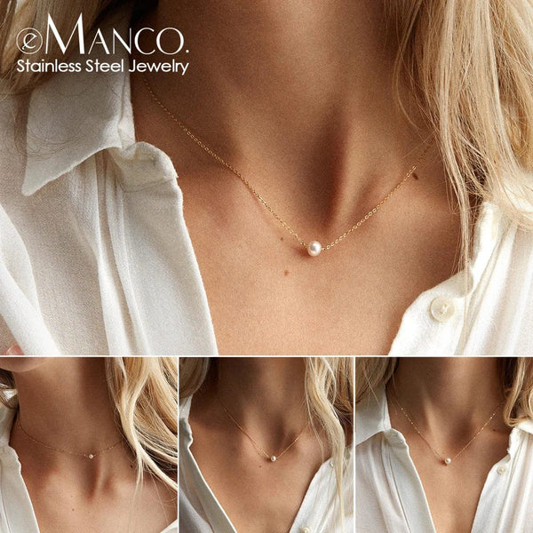 Planet Gates e-Manco Stainless Steel Choker imitated  Pearl Necklaces for Women Gold Color Layered Chain Necklace Jewelry