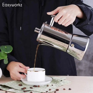 Planet Gates Easyworkz Diego Stovetop Espresso Maker Stainless Steel Italian Coffee Machine Maker 4Cup 6.8 oz Induction Moka Pot