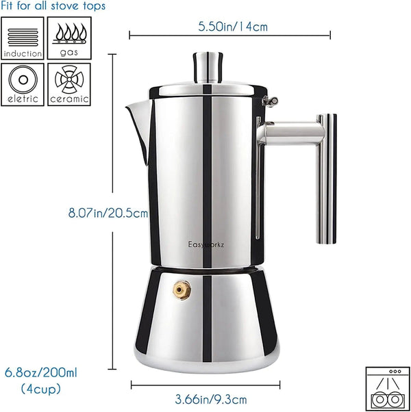 Planet Gates Easyworkz Diego Stovetop Espresso Maker Stainless Steel Italian Coffee Machine Maker 4Cup 6.8 oz Induction Moka Pot