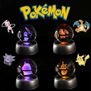 Planet Gates Eevee Pokemon 3D Crystal Ball Figure Engraving Pikachu Charizard Gengar With LED Light Base Anime Glass Ball Child Gift Toy