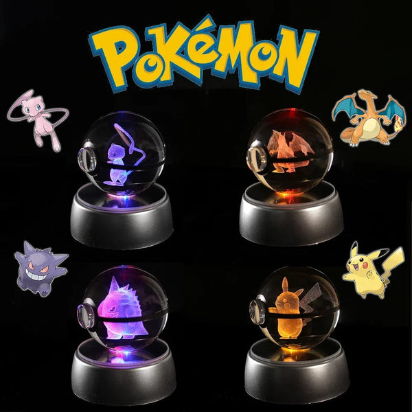 Planet Gates Eevee Pokemon 3D Crystal Ball Figure Engraving Pikachu Charizard Gengar With LED Light Base Anime Glass Ball Child Gift Toy