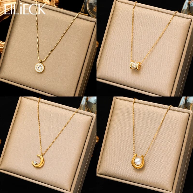 Planet Gates EILIECK 316L Stainless Steel Pearl Zircon Pendant Necklace For Women Girl Fashion Waterproof Collar Neck Chain Jewelry Gift