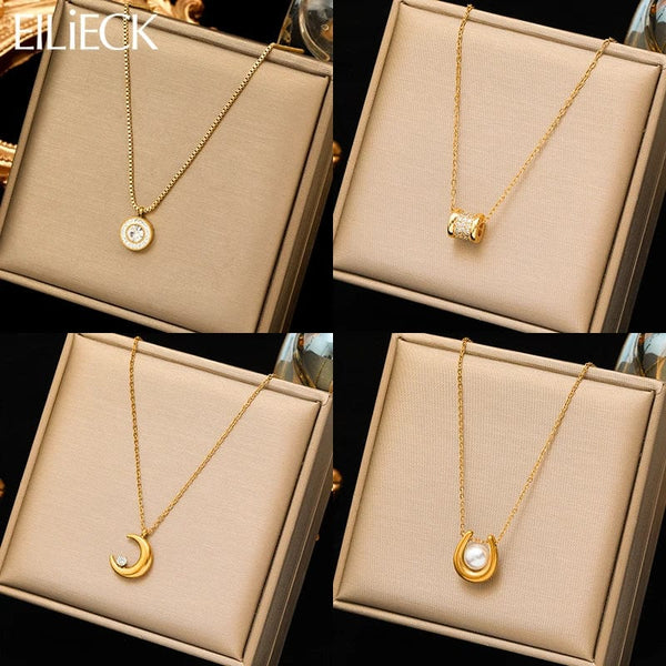 Planet Gates EILIECK 316L Stainless Steel Pearl Zircon Pendant Necklace For Women Girl Fashion Waterproof Collar Neck Chain Jewelry Gift
