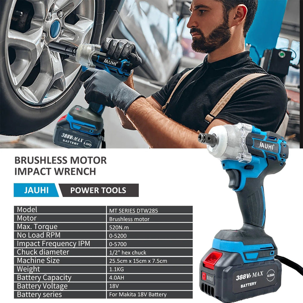 Planet Gates Electric Wrench Without Battery / CHINA JAUHI 520N.M Cordless Electric Wrench Brushless Electric Impact Wrench 1/2 inch for Makita 18V Battery Screwdriver Power Tools