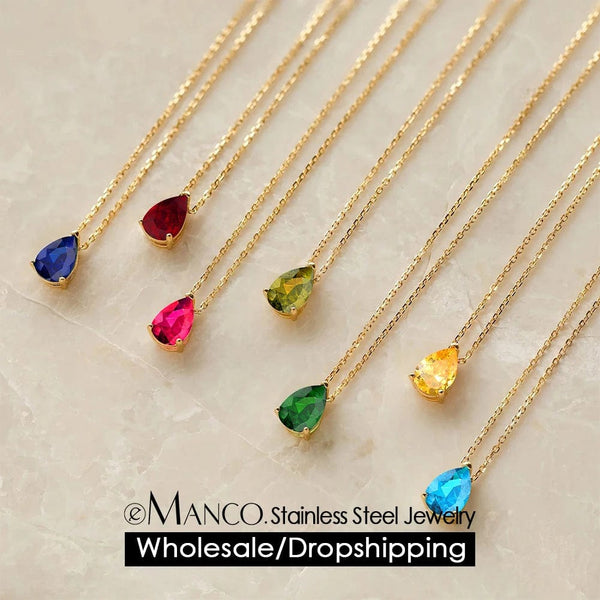 Planet Gates eManco Hot Sale Stainless Steel Teardrop Zirconia Pendant Shiny Crystal Necklace Women's Birthstone Collarbone Chain Wholesale
