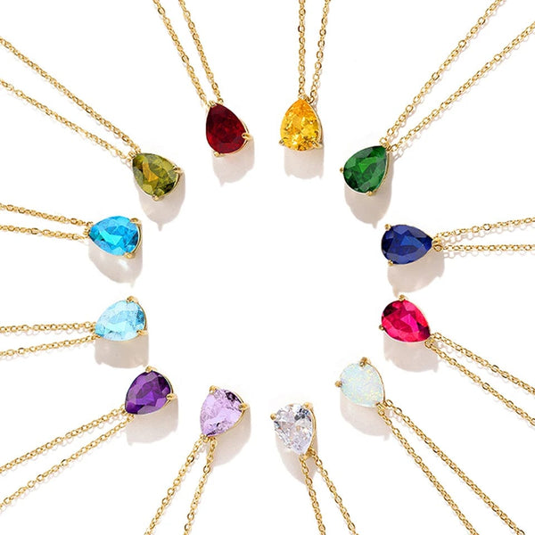 Planet Gates eManco Hot Sale Stainless Steel Teardrop Zirconia Pendant Shiny Crystal Necklace Women's Birthstone Collarbone Chain Wholesale