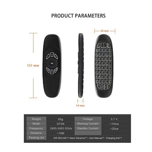Planet Gates English Backlit C120 RGB 7 Backlight Fly Air Mouse Gyro Sensor Wireless 2.4G RF Keyboard Remote Control For Gaming Android Smart TV Box
