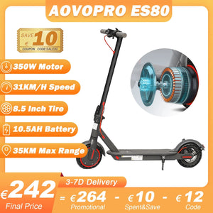 Planet Gates ES80 10.5AH 31KM/H / france AOVOPRO ES80 Electric Scooter 350W Motor 10.5AH Battery 31KM/H Max Speed 35KM Super Range 8.5Inch Folding Adults APP Scooter