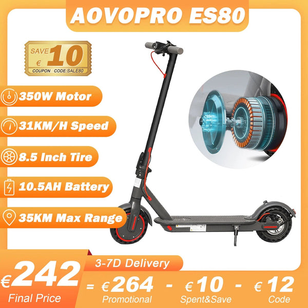 Planet Gates ES80 10.5AH 31KM/H / france AOVOPRO ES80 Electric Scooter 350W Motor 10.5AH Battery 31KM/H Max Speed 35KM Super Range 8.5Inch Folding Adults APP Scooter