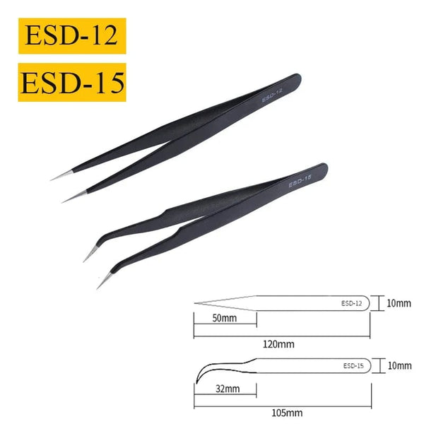 Planet Gates ESD-12 and ESD-15 2/6pcs Precision Tweezers Set ESD Anti-Static Stainless Steel Tweezers Repair Tools for Electronics Repair Soldering Craft Tools