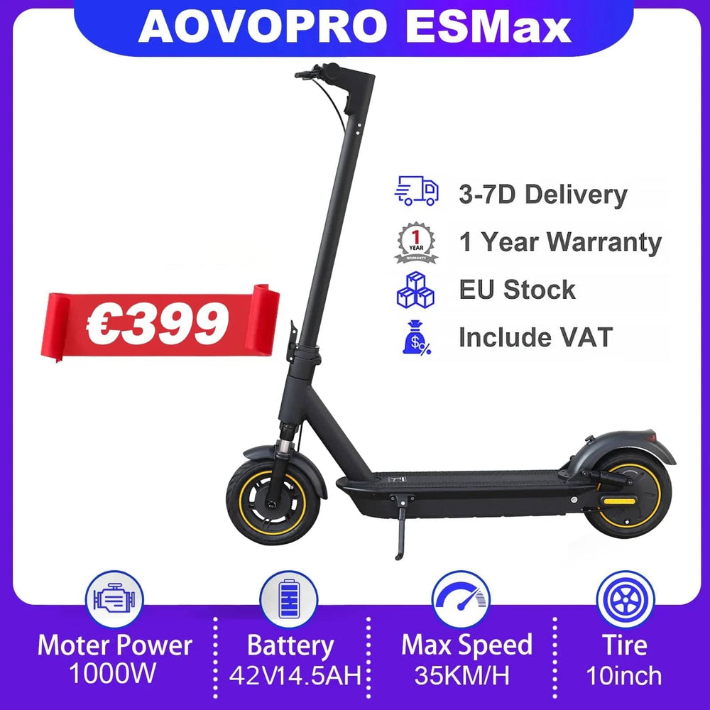 Planet Gates ESMax 1000W 14.5AH / france AOVOPRO ESMax 45KM Electric Scooter 35KM/H Fast Speed 1000W Peak Power 10 Inch Anti-puncture Air Tire 14.5AH Folding E-scooter