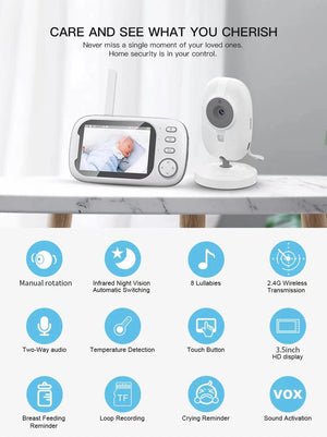 Planet Gates EU Plug Cdycam Wireless Video Baby Monitor 3.5 Inch With Lullabies Auto Night Vision Two Way Intercom Temperature Monitoring Babysitter