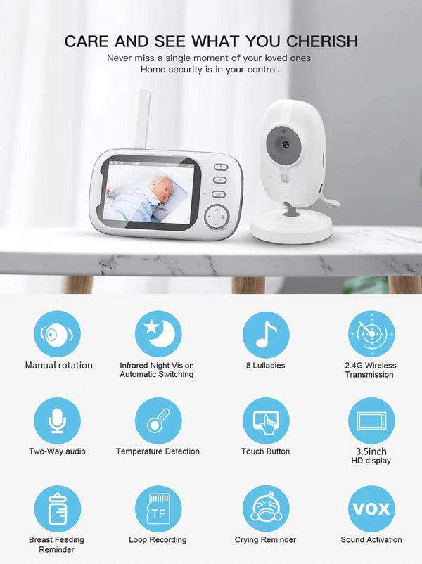 Planet Gates EU Plug Cdycam Wireless Video Baby Monitor 3.5 Inch With Lullabies Auto Night Vision Two Way Intercom Temperature Monitoring Babysitter