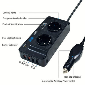 Planet Gates European Regulations 200W Car Inverter DC 12V To AC 220V Converter Outlets 4 USB Fast Charging Universal Socket Power Adapter Inverter EU, sockets