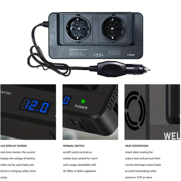 Planet Gates European Regulations 200W Car Inverter DC 12V To AC 220V Converter Outlets 4 USB Fast Charging Universal Socket Power Adapter Inverter EU, sockets