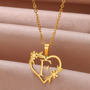 Planet Gates F / 45cm / CHINA Gold Color Dainty Flower Initials Necklace Women Girl Stainless Steel Heart Letter Choker Necklace Best Gifts Alphabet Jewelry